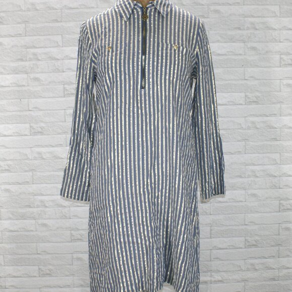 ANNE KLEIN Shirt Dress Tunic Stripe Metallic Gold Midi Classic Silk Blue 6 - Picture 1 of 13